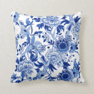 Blue and White Chinoiserie Bird Floral n Foliage  Cushion