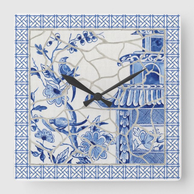 Blue and White Chinoiserie Chic Bird Floral Mosaic Square Wall Clock (Front)