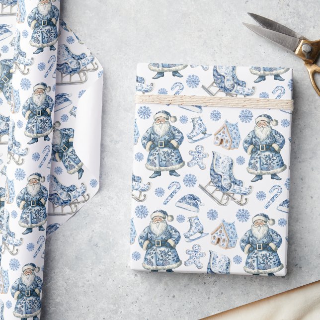 Blue and White Chinoiserie Christmas Santa Wrapping Paper (Creator Uploaded)
