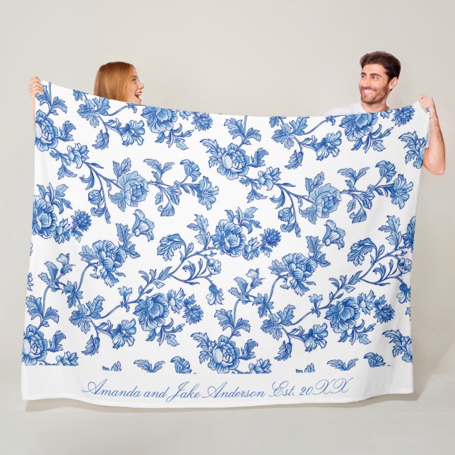 Blue and White Chinoiserie Custom Name Fleece Blanket (In Situ)
