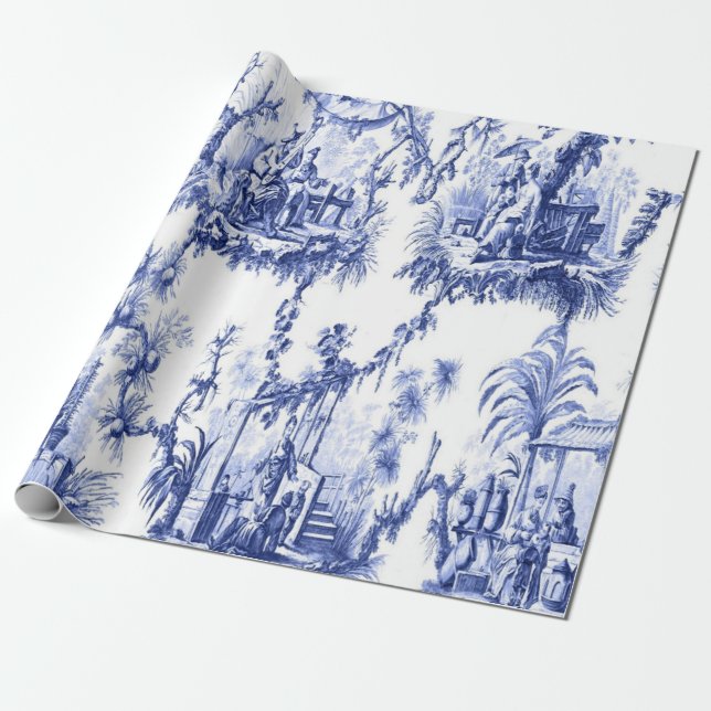 Blue and White Chinoiserie Decoupage  Wrapping Paper (Unrolled)