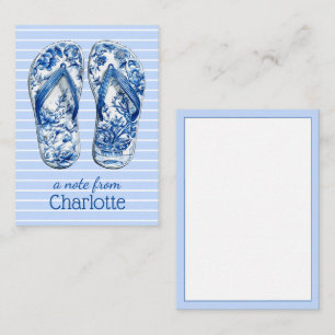 Blue and White Chinoiserie Flip Flops on Stripes Card