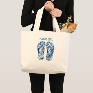 Blue and White Chinoiserie Flip Flops on Stripes Large Tote Bag
