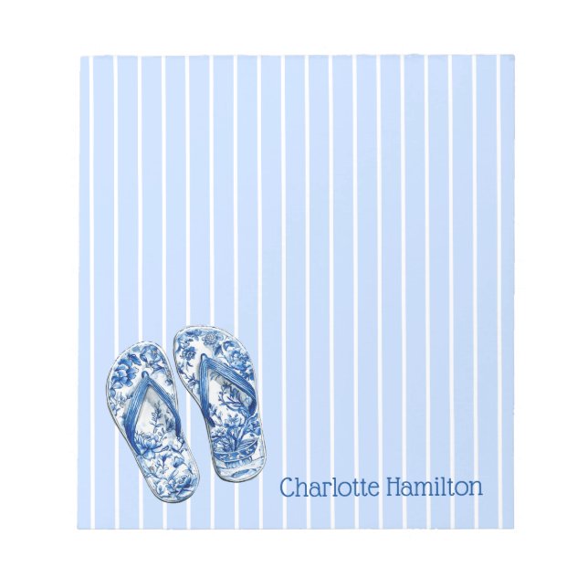 Blue and White Chinoiserie Flip Flops on Stripes Notepad (Front)
