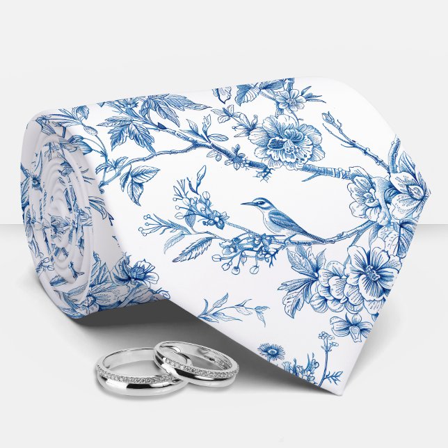 Blue and White Chinoiserie Floral Birds Tie (Creator Uploaded)