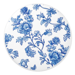Blue and White Chinoiserie Floral  Ceramic Knob