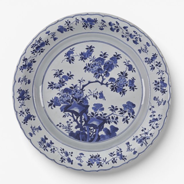 Blue and White Chinoiserie Floral Faux China Paper Plate (Front)