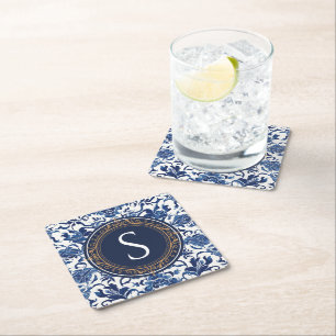 Blue and White Chinoiserie Floral Monogram Square Paper Coaster