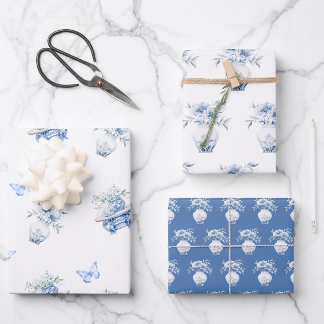 Blue and White Chinoiserie Floral Wrapping Paper Sheet (Front)