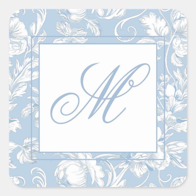 Blue and White Chinoiserie Monogram  Square Sticker (Front)