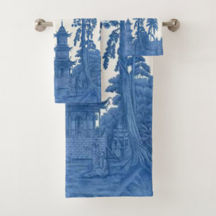 Blue and White Chinoiserie Oriental 3 Piece Luxury Bath Towel Set