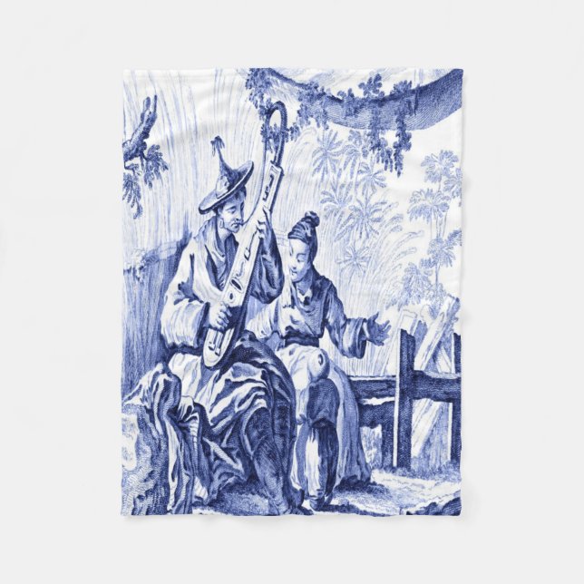 Blue and White Chinoiserie Oriental Fleece Blanket (Front)