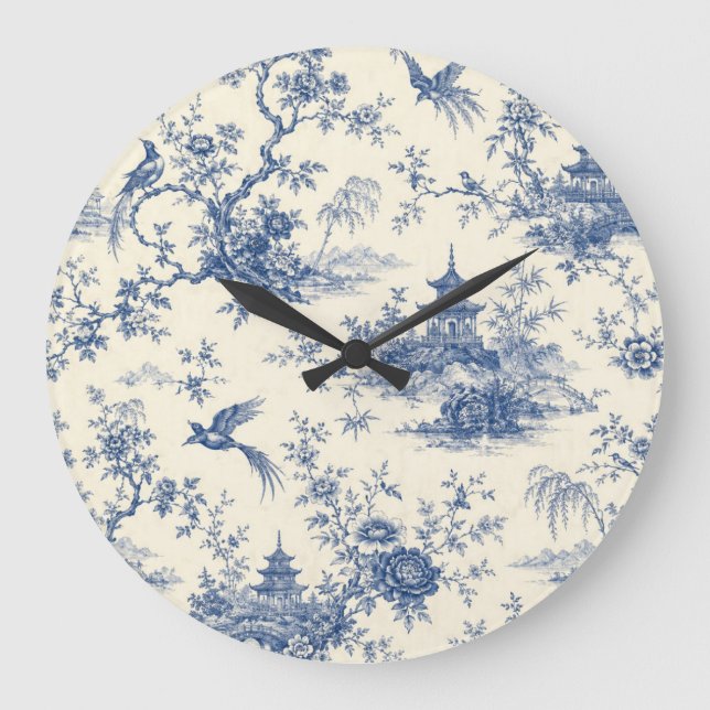 Blue and White Chinoiserie Pagoda Wall Clock (Front)