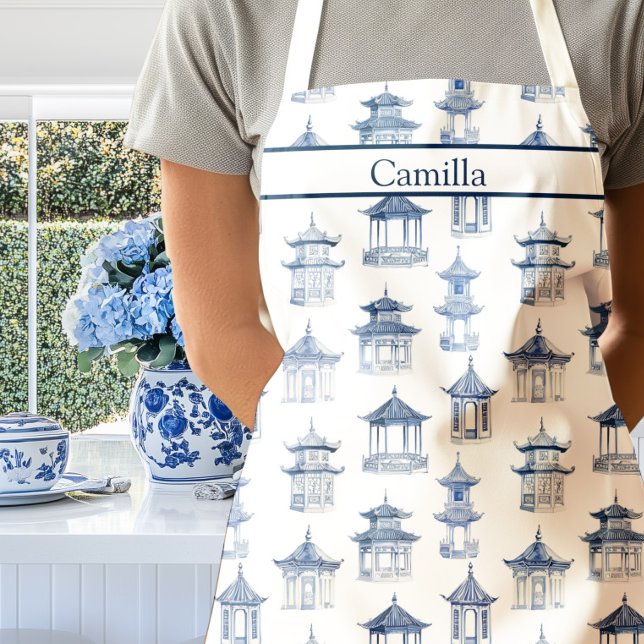 Blue and White Chinoiserie Pagodas Apron (Chinoiserie pagoda Apron)