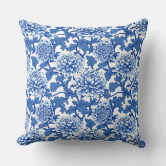 Blue and White Chinoiserie Peony Floral  Cushion