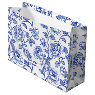 Blue and White Chinoiserie Rose Peony Large Gift Bag