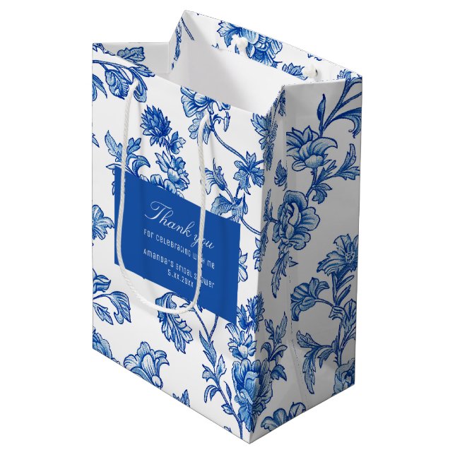Blue and White Chinoiserie Rose Peony Medium Gift Bag (Front Angled)