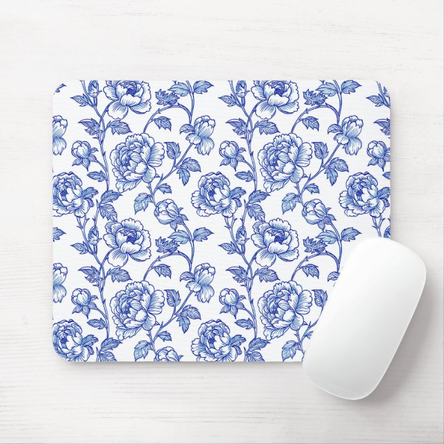 Blue and White Chinoiserie Rose Peony Mouse Pad (With Mouse)