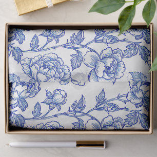 Blue and White Chinoiserie Rose Peony Tissue Paper