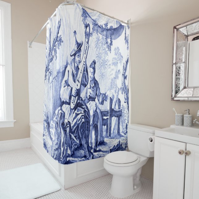 Blue and White Chinoiserie Shower Curtain (In Situ)