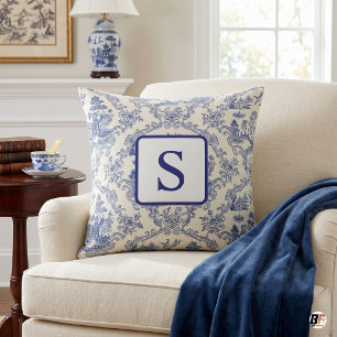Blue and White Chinoiserie Toile Custom Monogram Cushion