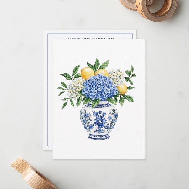Blue and White Chinoiserie Vase With Hydrangeas Card (Front/Back In Situ)