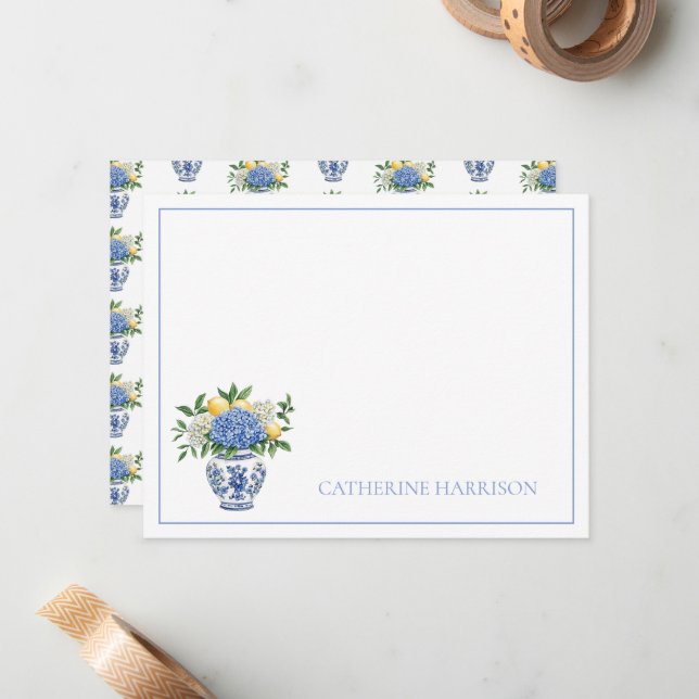 Blue and White Chinoiserie Vase With Hydrangeas Card (Front/Back In Situ)
