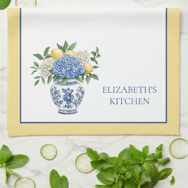 Blue and White Chinoiserie Vase With Hydrangeas Tea Towel (Folded)