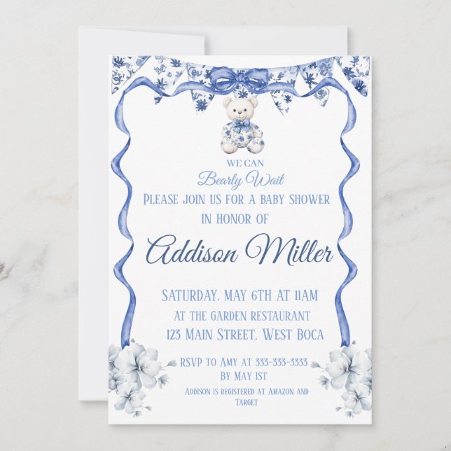 Blue and white Chinoiserie , We Can Bearly Wait  Invitation (Front)
