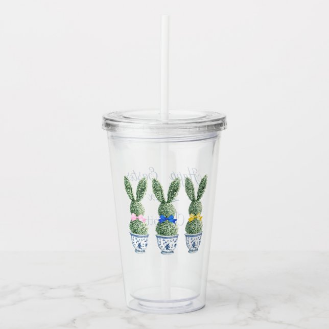 Blue and White Chinoiserie With Rabbit Topiaries Acrylic Tumbler (Front)