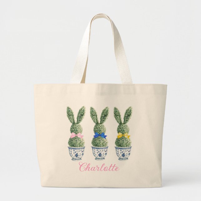 Blue and White Chinoiserie With Rabbit Topiaries Large Tote Bag (Front)