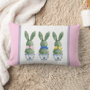 Blue and White Chinoiserie With Rabbit Topiaries Lumbar Cushion