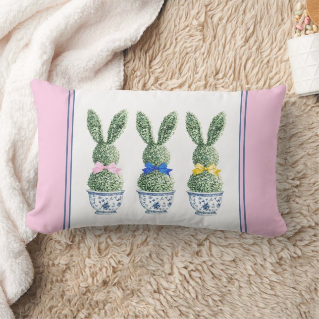 Blue and White Chinoiserie With Rabbit Topiaries Lumbar Cushion (Blanket)