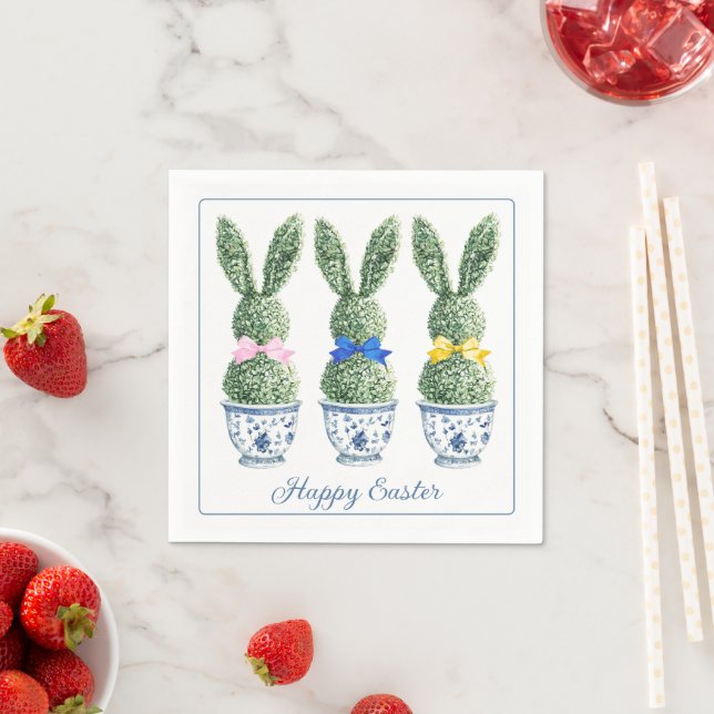 Blue and White Chinoiserie With Rabbit Topiaries Napkin (Insitu)