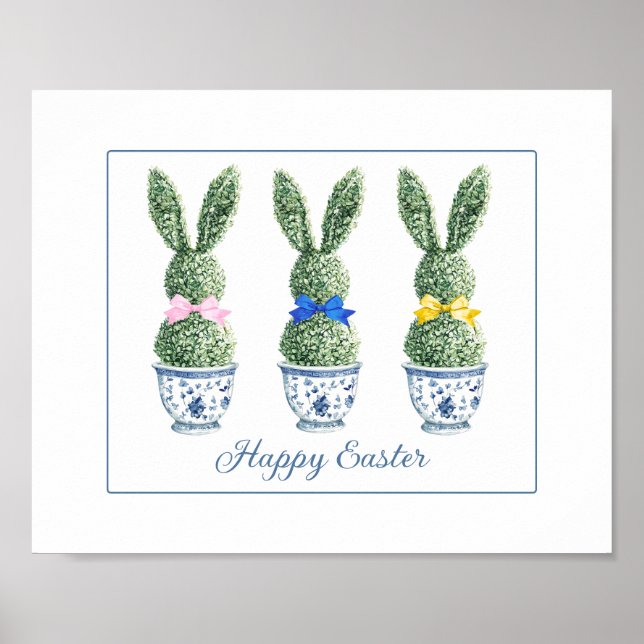 Blue and White Chinoiserie With Rabbit Topiaries Poster (Front)