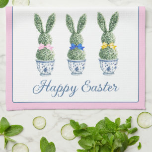 Blue and White Chinoiserie With Rabbit Topiaries Tea Towel