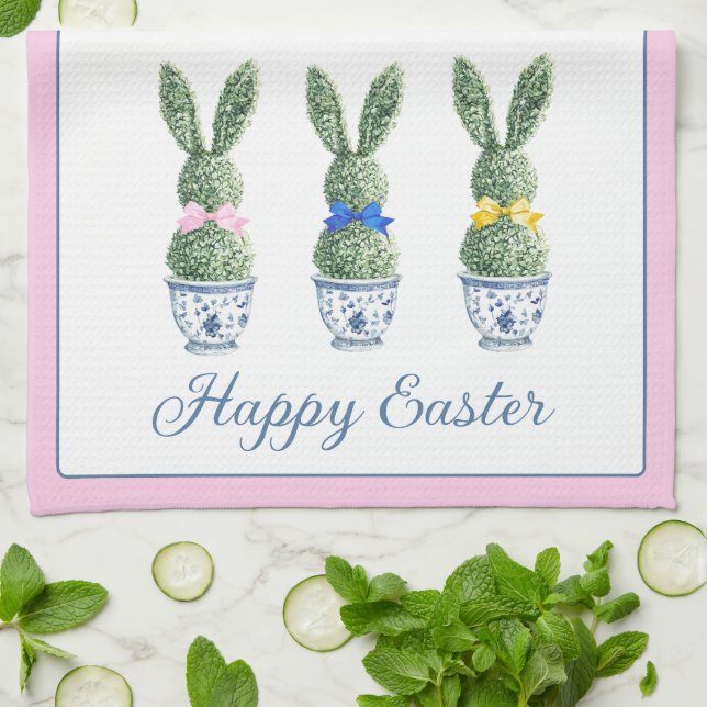 Blue and White Chinoiserie With Rabbit Topiaries Tea Towel (Folded)