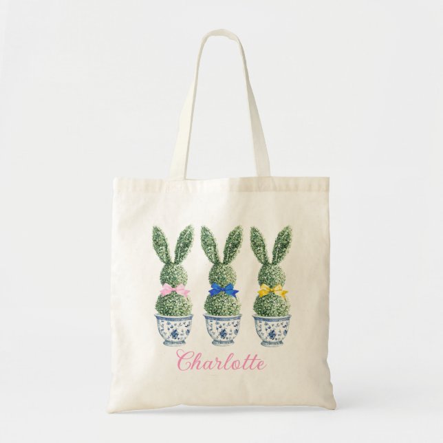 Blue and White Chinoiserie With Rabbits Topiary Tote Bag (Front)
