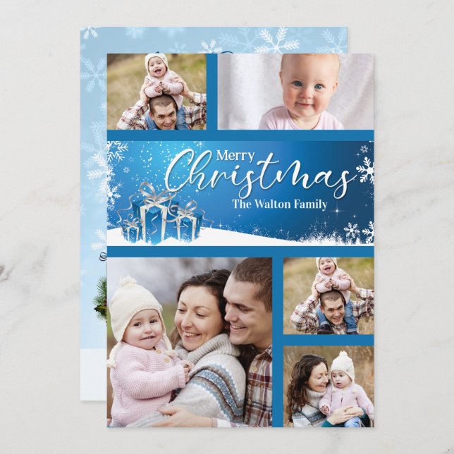 Blue and White Christmas 5 Photos Holiday Card (Front/Back)