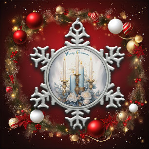 Blue and White Christmas Candle Snowflake Pewter Christmas Ornament