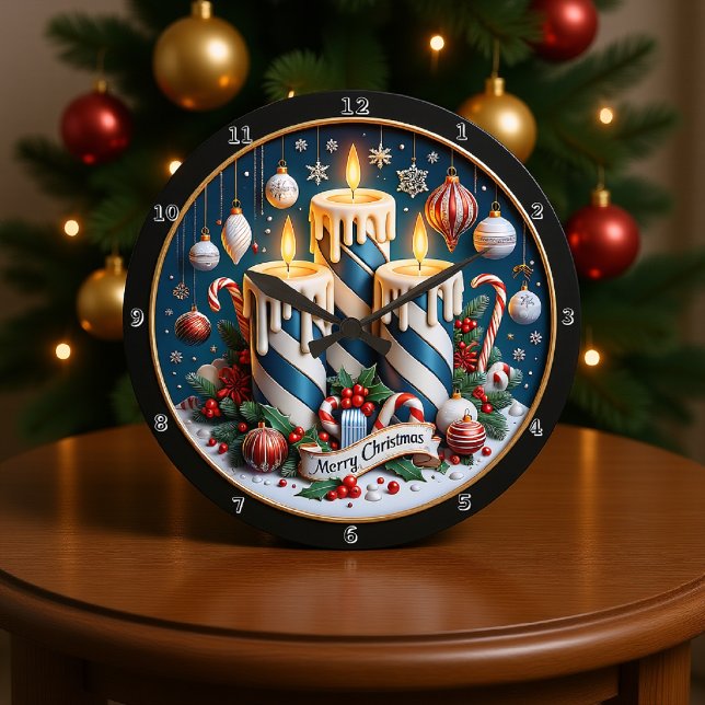 Blue and White Christmas Candles Large Clock (Creator Uploaded)
