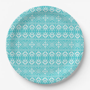 Blue and White Christmas Fair Isle Pattern Paper Plate