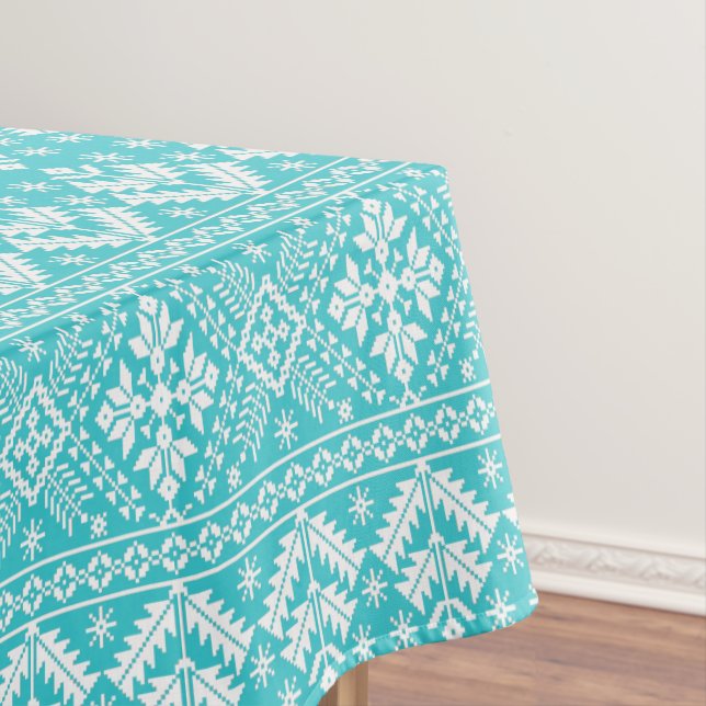 Blue and White Christmas Fair Isle Pattern Tablecloth (In Situ)