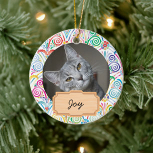 Blue and White christmas holiday Custom cat Photo Ceramic Tree Decoration