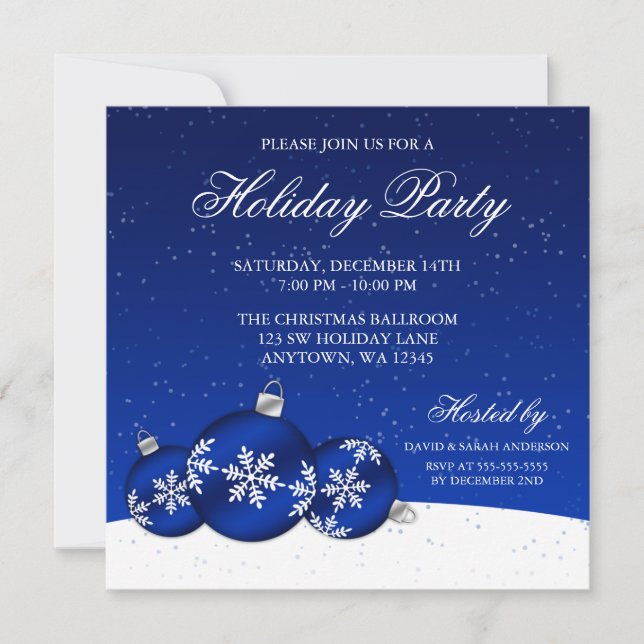 Blue and White Christmas Ornaments Holiday Party Invitation (Front)