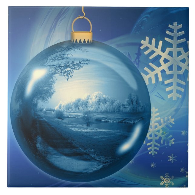 Blue and White Christmas Snowflake Ornament Tile (Front)