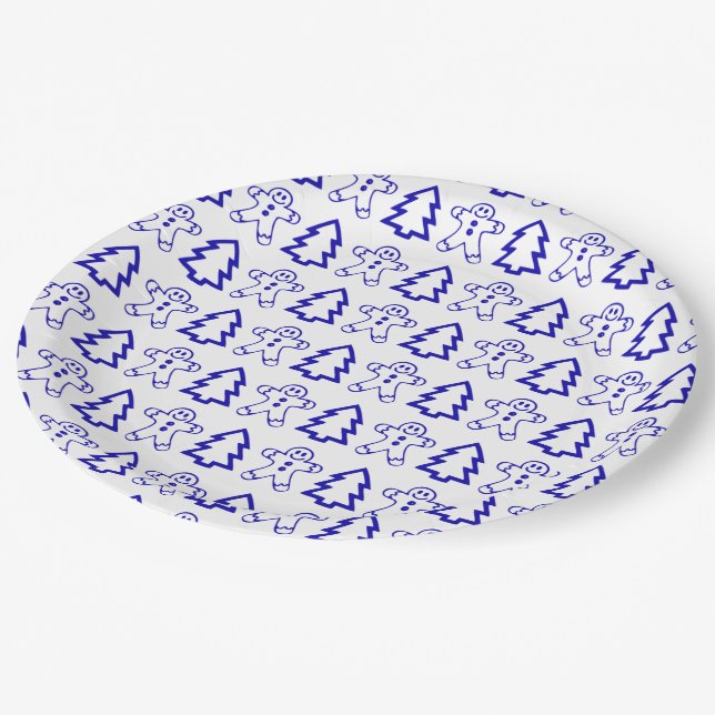 Blue and White Christmas Tree Cute Gingerbread Man Paper Plate (Angled)