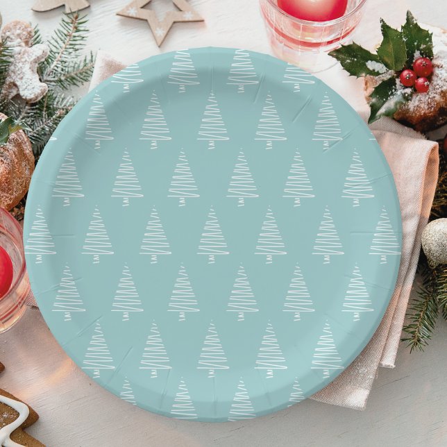 Blue And White Christmas Tree Pattern Holiday Paper Plate (Blue And White Christmas Tree Pattern Holiday Paper Plates)