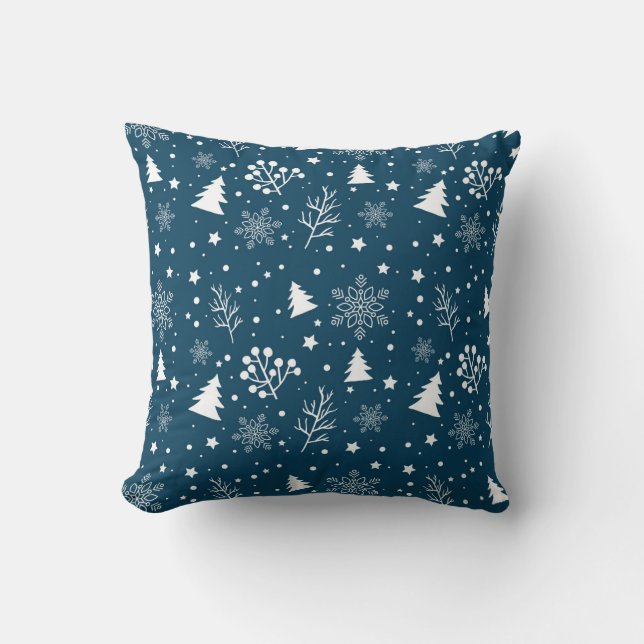 Blue and White Christmas Trees and Snowflakes Cushion (Front)