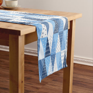 Blue and White Christmas Trees Short Table Runner